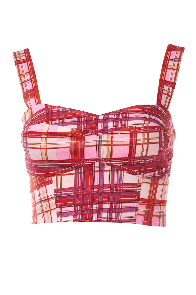 Amur Tess Cropped Bustier Plaid Top Pink Size Medium